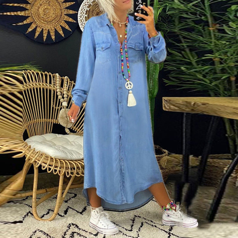 Lina™ - Langærmet maxikjole i denim