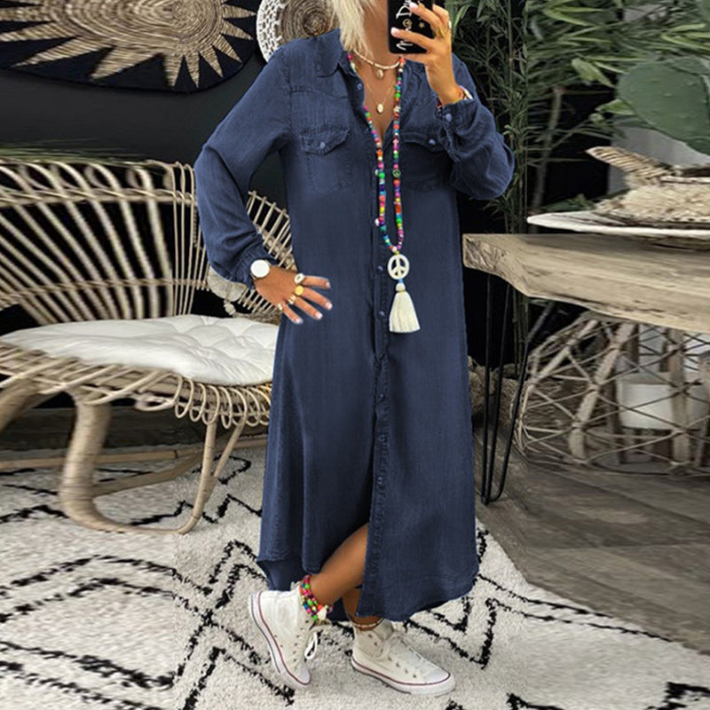 Lina™ - Langærmet maxikjole i denim